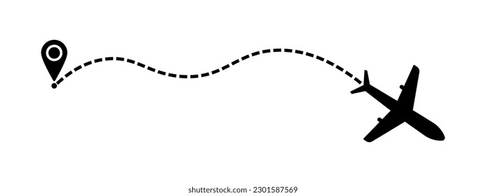 Plane flight route and pin. Travel illustration. Airplane fly. Set line, pin and airplane.