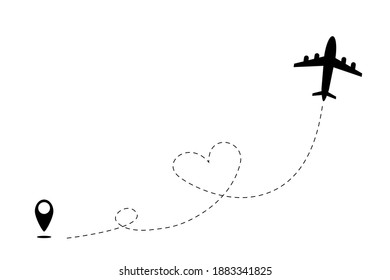  plane flight route with start point and dash line trace.Airplane line path vector icon.Plane and track icon on a white background