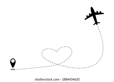  plane flight route with start point and dash line trace.Airplane line path vector icon.Plane and track icon on a white background