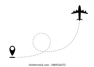  plane flight route with start point and dash line trace.Airplane line path vector icon.Plane and track icon on a white background