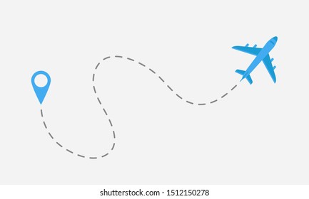 Plane flight from start point with dashed line. Travel, trip concept. Modern poster, banner template. Vector illustration