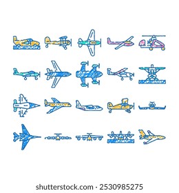 plane flight travel aircraft doodle icons set vector. sketch line art air sky, fly jet, transport passenger, business airport, trip commercial aviation plane flight travel aircraft color illustrations