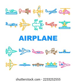 plane flight travel aircraft icons set vector. air sky, fly jet, transport passenger, business airport, trip commercial aviation plane flight travel aircraft color line illustrations