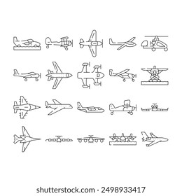 plane flight travel aircraft icons set vector. air sky, fly jet, transport passenger, business airport, trip commercial aviation plane flight travel aircraft black contour illustrations