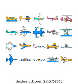 plane flight travel aircraft icons set vector. air sky, fly jet, transport passenger, business airport, trip commercial aviation plane flight travel aircraft color Contour Illustrations