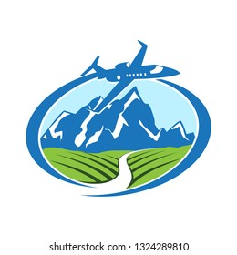Plane Fly Across Mountain Green Village Illustration