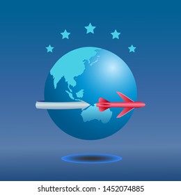 The plane fly around earth style vector.