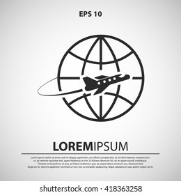 plane fly around globe icon. travel vector illustration