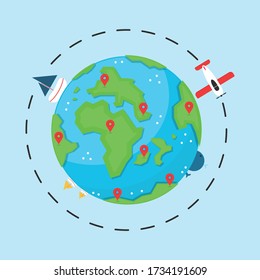 Plane fly around the world. Earth vector on pastel background. Location vector on earth.