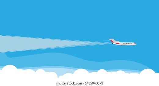 Plane fly in cloud sky illustration banner concept. Travel tourism jet direction holiday flat. Cartoon commercial passenger vehicle