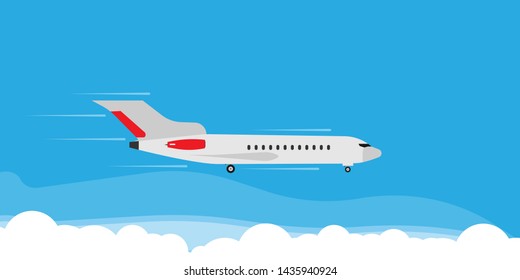 Plane fly in cloud sky illustration banner concept. Travel tourism jet direction holiday flat. Cartoon commercial passenger vehicle