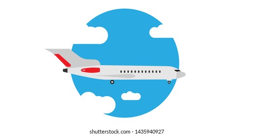 Plane fly in cloud sky illustration banner concept. Travel tourism jet direction holiday flat. Cartoon commercial passenger vehicle