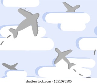 Plane fly in cloud sky. Seamless pattern vector. Illustration For warpping paper, decoration and print.