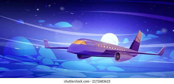 Plane fly in night sky with clouds and full moon. Concept of passenger aircraft flight, travel, commercial aviation. Vector cartoon illustration of flying big airplane in dark sky