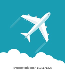 Plane Fly On Blue Cloud Sky Background With Blank Area For Your Text. Stock Flat Vector Illustration.