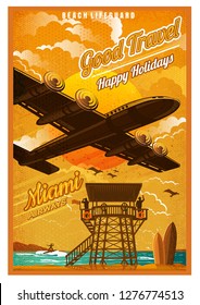 Plane fly over the beach with rescue tower and surfing board, in sunset, against the sun, view from the bottom. Vector vintage illustration Miami retro poster style