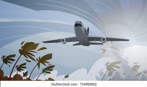 Plane Fly Over Swirling Tornado In Sky Aircraft Landing In Storm Hurricane Huge Wind Waterspout Twister Tropical Natural Disaster Concept Flat Vector Illustration