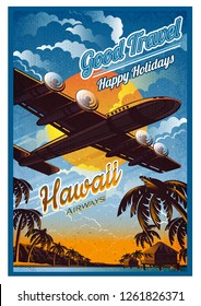 Plane Fly Over The Tropical Island With Palms And Bungalow, In Sunset, Against The Sun, View From The Bottom. Vector Vintage Illustration Hawaii Retro Poster Style