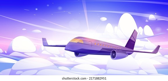 Avión vuela en el cielo sobre nubes esponjosas blancas y el sol. Concepto de vuelo de aeronaves de pasajeros, viajes, aviación comercial. Dibujo vectorial de un gran avión volando sobre fondo de cielo soleado