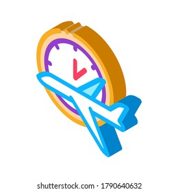 Plane Fly Time Or Lateness Icon Vector. Isometric Flying Airplane And Time Clock Watch Concept Linear Pictogram. Air Transport Aircraft sign. color isolated symbol illustration