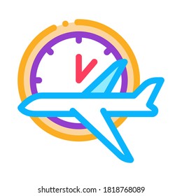 Plane Fly Time Or Lateness Icon Thin Line Vector. Flying Airplane And Time Clock Watch Concept Linear Pictogram. Air Transport Aircraft Color Symbol Illustration