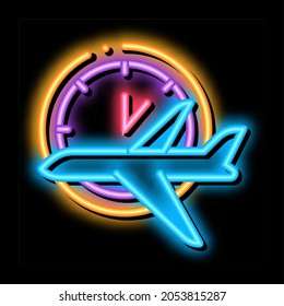 Plane Fly Time Or Lateness neon light sign vector. Glowing bright icon Flying Airplane And Time Clock Watch Concept Linear Pictogram. Air Transport Aircraft sign. transparent symbol illustration