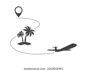 Flugzeug fliegen Track 3D Symbol mit Pin-Map-Zeiger und Palmeninsel