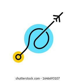 Plane fly up with trail from departure point. Flying out from the city. Travelling theme symbol. Adjustable stroke width.
