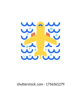 Plane flying above the ocean flat icon, vector sign, colorful pictogram isolated on white. Airline travel symbol, logo illustration. Flat style design