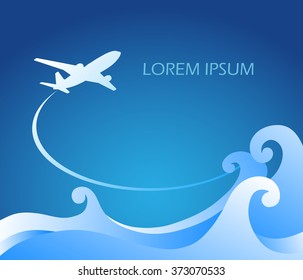 Plane flying above the sea wave, vector illustration, concept tourism