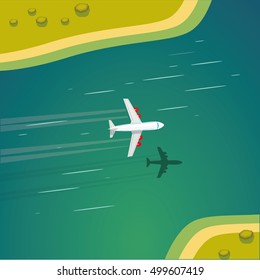 Plane flying above the seaside, flat vector illustration