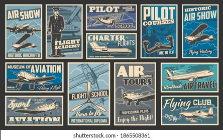 Plane flying and aircraft flight, aviation vintage retro retro posters, vector. Airplane aviators academy and pilot flights school, historic planes and aviation museum, travel and charter flights