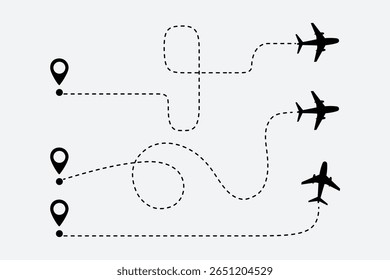 Um avião voando ao longo de uma linha pontilhada, plano voador com trajeto traçado torcido, curvo e tracejado reto. ilustração vetorial