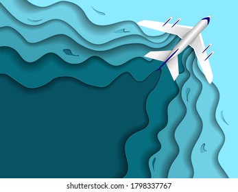 The plane is flying among the clouds. Layered vector illustrations in the style of paper cutting for advertising. Banner, landing page, text space