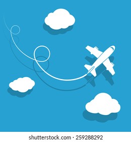 The plane is flying among the clouds. Vector image.