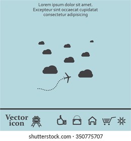 The plane is flying among the clouds. Vector image. 