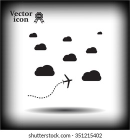 The plane is flying among the clouds. Vector image.