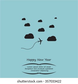 The plane is flying among the clouds. Vector image.