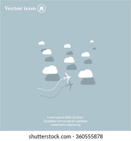 The plane is flying among the clouds. Vector image.