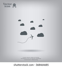 The plane is flying among the clouds. Vector image.
