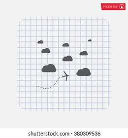 The plane is flying among the clouds. Vector image.