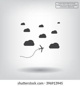The plane is flying among the clouds. Vector image.