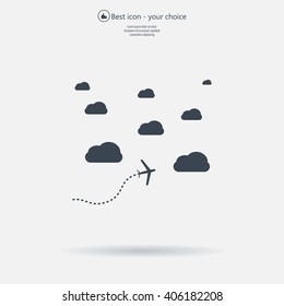 The plane is flying among the clouds. Vector image.