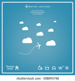 The plane is flying among the clouds. Vector image.