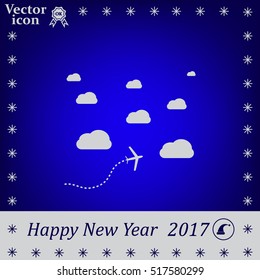 The plane is flying among the clouds. Vector image.