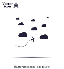 The plane is flying among the clouds. Vector image.