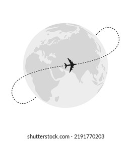 The plane flying around the earth globe on a white background. Monochrome vector illustration