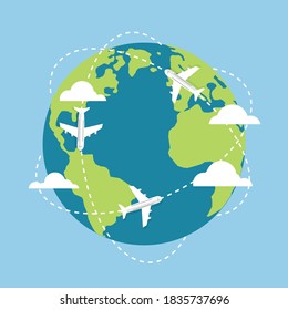 Plane flying around earth planet with continents and oceans. travel around the world. Flight plane and tourism symbol. vector illustration in flat style modern design.