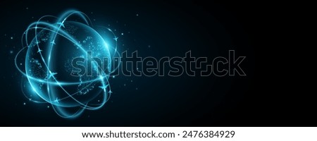 Plane flying around the futuristic digital globe with map of glowing dots. Abstract travel background. Vector illustration. EPS 10