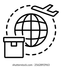 A plane flying around a globe, alongside a package box, symbolizing global shipping and international delivery services round line vector icon with editable stroke